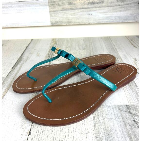 Tory Burch Womens 10 Blue Gold Leighanne Bow Slip-On Logo Thong Sandals - Picture 1 of 11